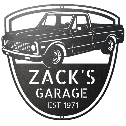 Steel Sign Black / 12 Personalized Chevy C10 Garage Sign | 1971 Truck Metal Wall Art