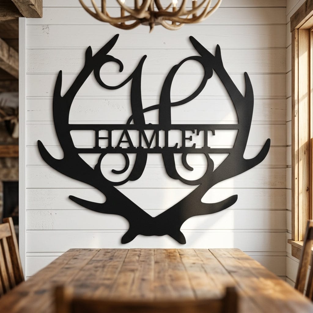 Steel Sign Black / 12" Personalized Deer Antler Couple Sign – Custom Hunting Metal Wall Art for Nursery or Cabin