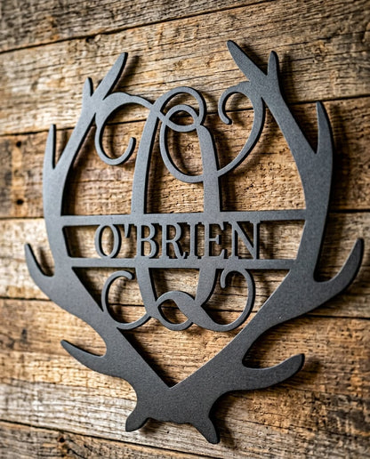 Steel Sign Personalized Deer Antler Couple Sign – Custom Hunting Metal Wall Art for Nursery or Cabin