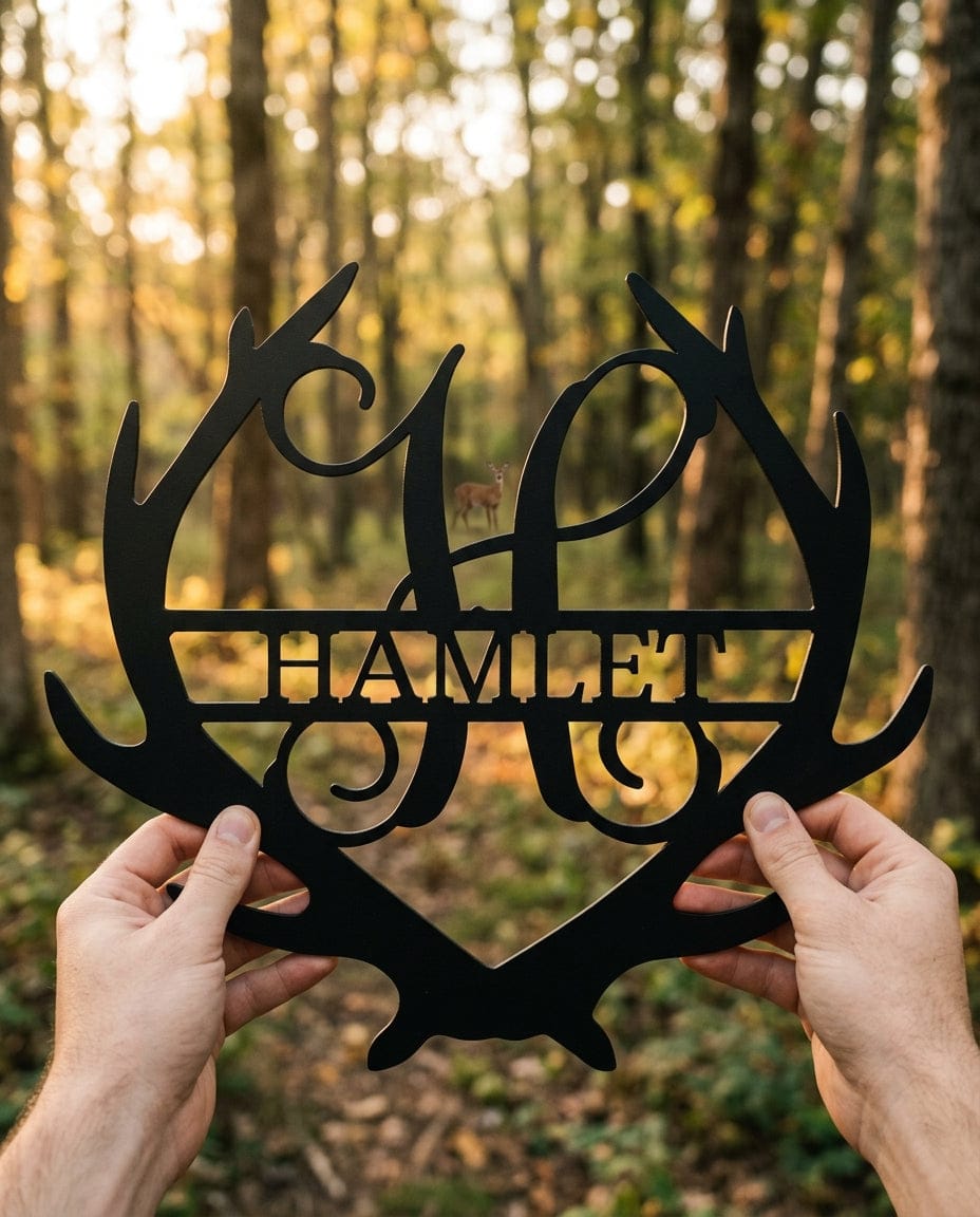 Steel Sign Personalized Deer Antler Couple Sign – Custom Hunting Metal Wall Art for Nursery or Cabin