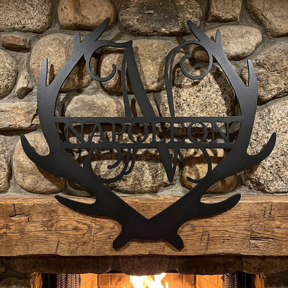 Steel Sign Personalized Deer Antler Couple Sign – Custom Hunting Metal Wall Art for Nursery or Cabin
