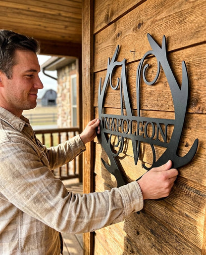 Steel Sign Personalized Deer Antler Couple Sign – Custom Hunting Metal Wall Art for Nursery or Cabin