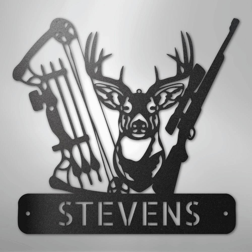 Steel Sign Black / 12" Personalized Deer Hunter Metal Sign – Bow & Rifle Hunting Wall Art for Cabin, Porch or Man Cave