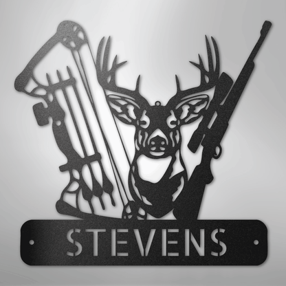 Steel Sign Black / 12" Personalized Deer Hunter Metal Sign – Bow & Rifle Hunting Wall Art for Cabin, Porch or Man Cave
