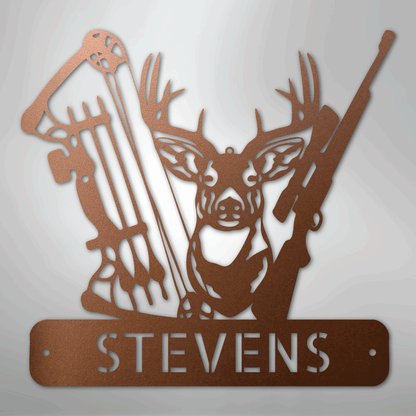 Steel Sign Copper / 12" Personalized Deer Hunter Metal Sign – Bow & Rifle Hunting Wall Art for Cabin, Porch or Man Cave