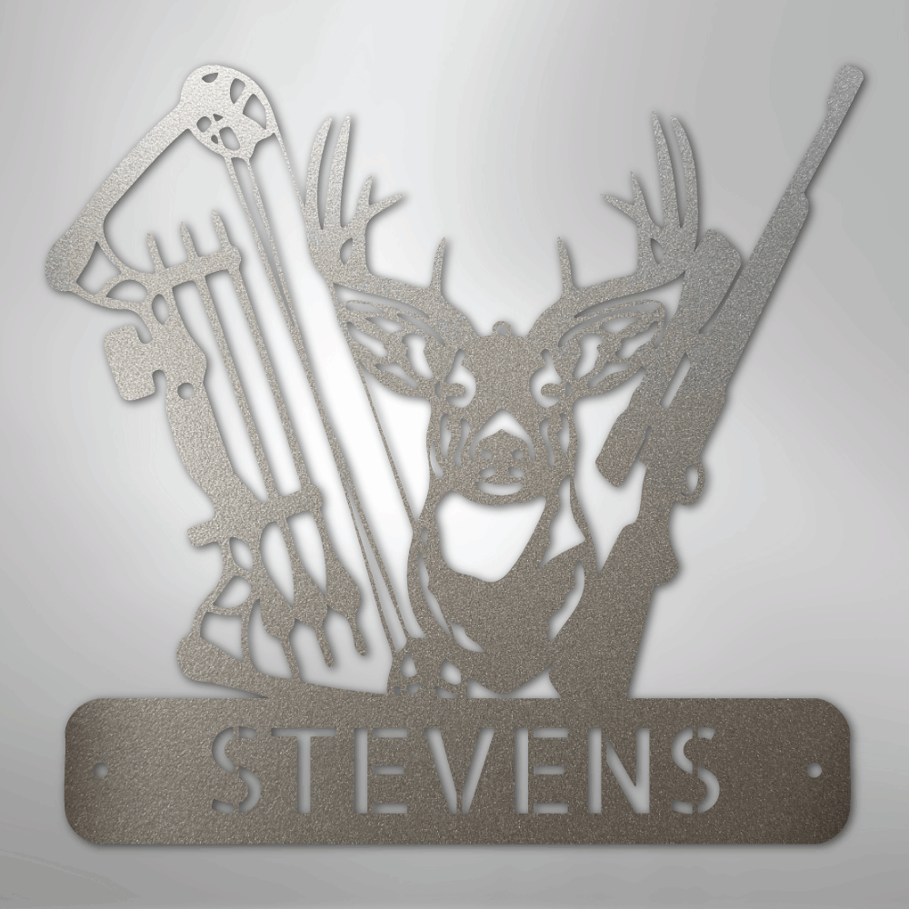 Steel Sign Silver / 12" Personalized Deer Hunter Metal Sign – Bow & Rifle Hunting Wall Art for Cabin, Porch or Man Cave