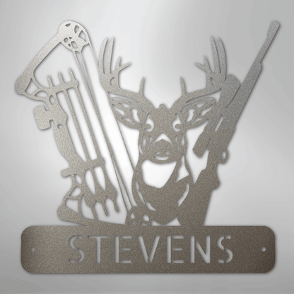 Steel Sign Silver / 12" Personalized Deer Hunter Metal Sign – Bow & Rifle Hunting Wall Art for Cabin, Porch or Man Cave