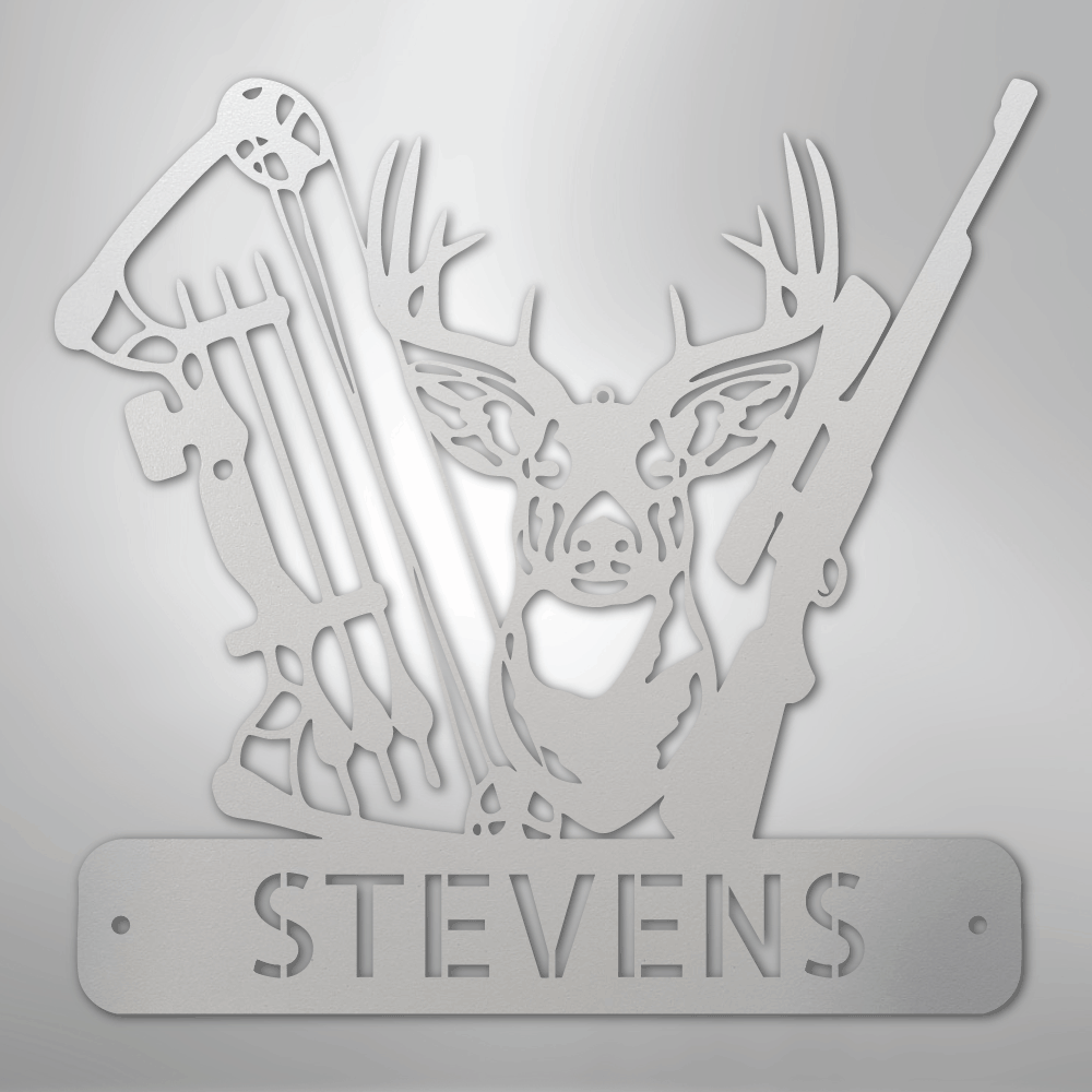 Steel Sign White / 12" Personalized Deer Hunter Metal Sign – Bow & Rifle Hunting Wall Art for Cabin, Porch or Man Cave
