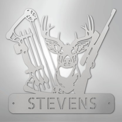Steel Sign White / 12" Personalized Deer Hunter Metal Sign – Bow & Rifle Hunting Wall Art for Cabin, Porch or Man Cave