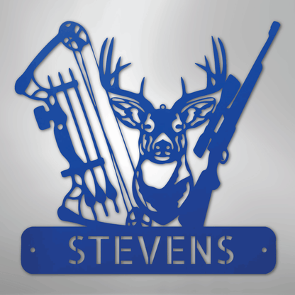 Steel Sign Blue / 24" Personalized Deer Hunter Metal Sign – Bow & Rifle Hunting Wall Art for Cabin, Porch or Man Cave