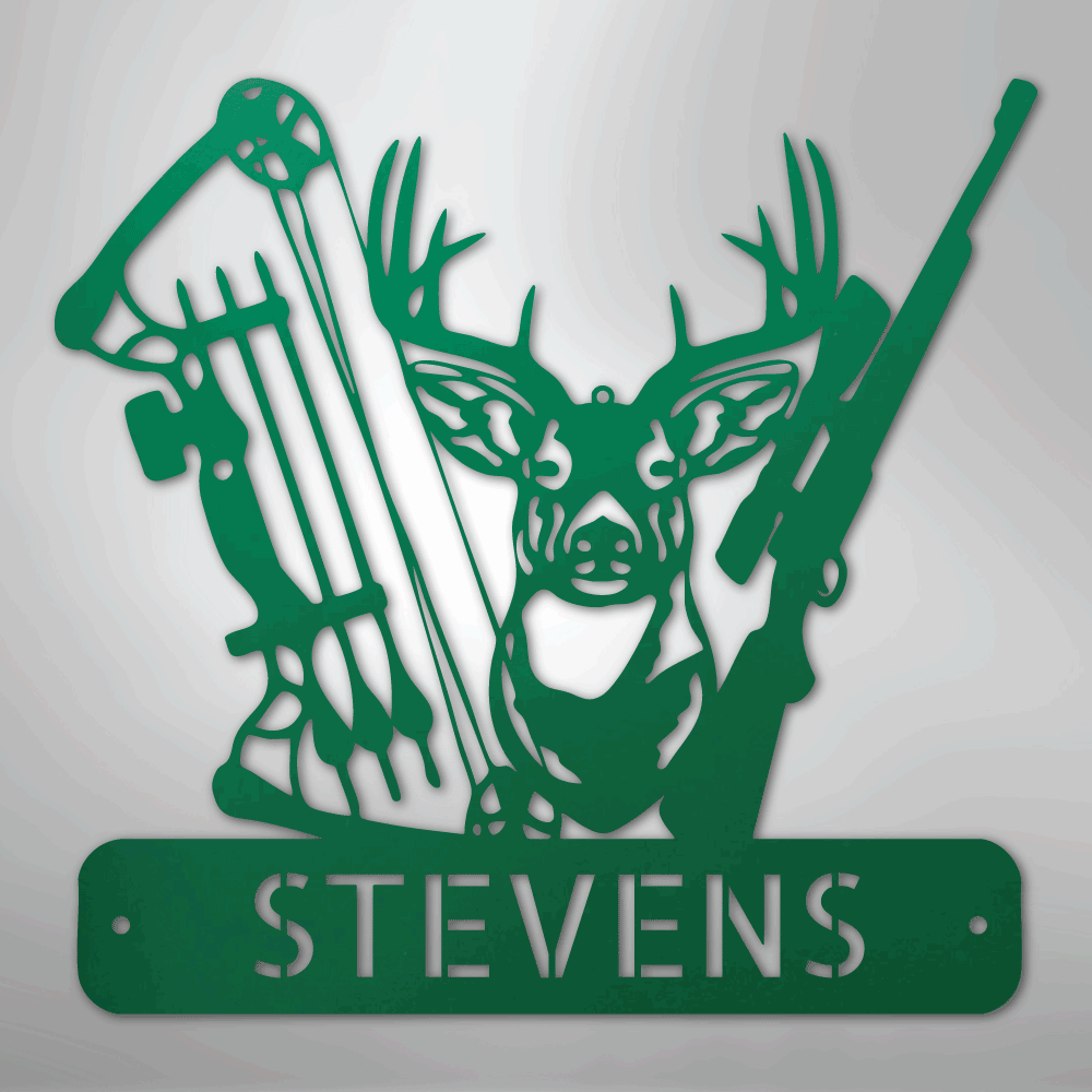 Steel Sign Green / 24" Personalized Deer Hunter Metal Sign – Bow & Rifle Hunting Wall Art for Cabin, Porch or Man Cave