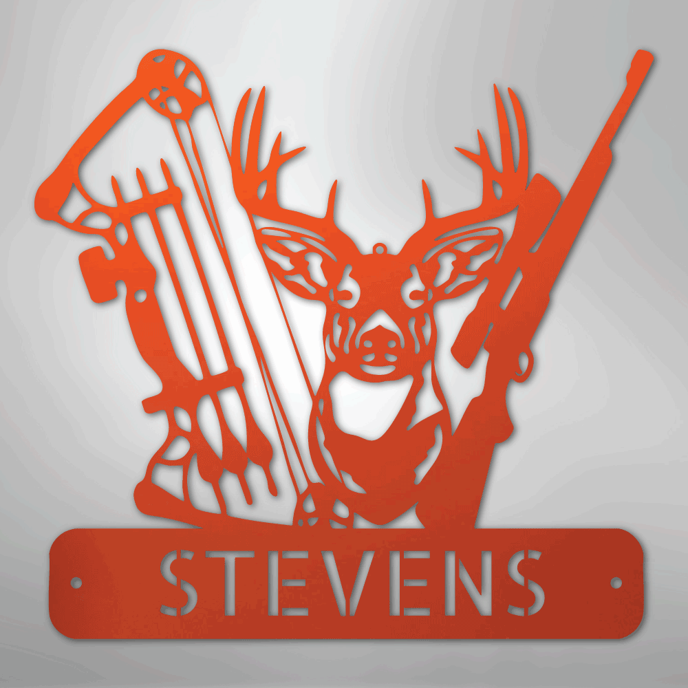 Steel Sign Orange / 24" Personalized Deer Hunter Metal Sign – Bow & Rifle Hunting Wall Art for Cabin, Porch or Man Cave