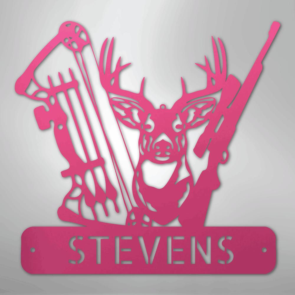 Steel Sign Pink / 24" Personalized Deer Hunter Metal Sign – Bow & Rifle Hunting Wall Art for Cabin, Porch or Man Cave
