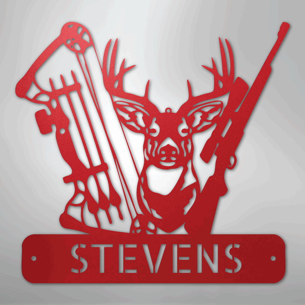 Steel Sign Red / 24" Personalized Deer Hunter Metal Sign – Bow & Rifle Hunting Wall Art for Cabin, Porch or Man Cave