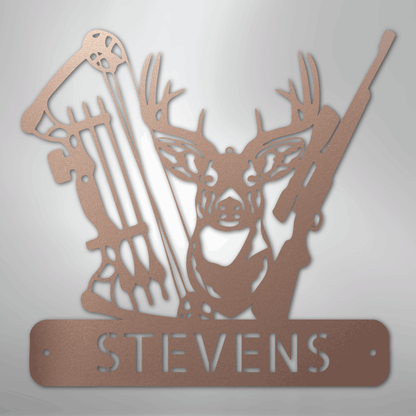 Steel Sign Rose / 24" Personalized Deer Hunter Metal Sign – Bow & Rifle Hunting Wall Art for Cabin, Porch or Man Cave