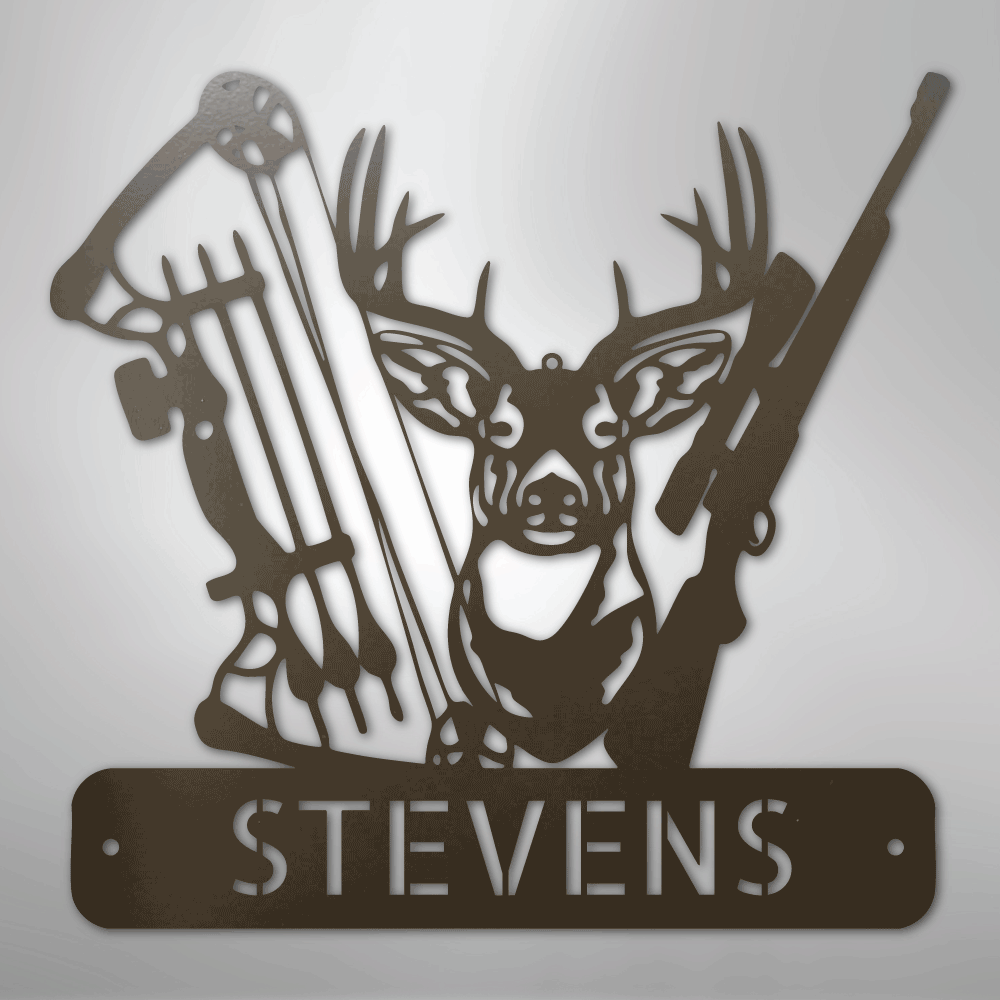 Steel Sign Stone / 24" Personalized Deer Hunter Metal Sign – Bow & Rifle Hunting Wall Art for Cabin, Porch or Man Cave