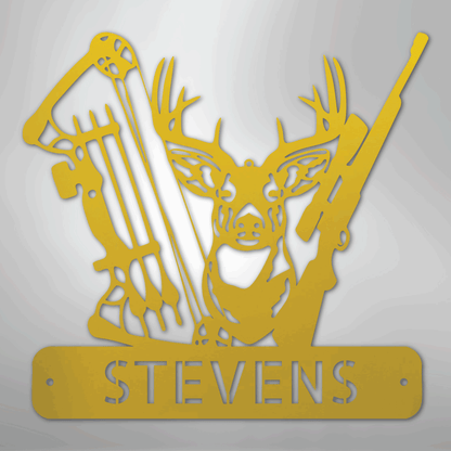 Steel Sign Yellow / 24" Personalized Deer Hunter Metal Sign – Bow & Rifle Hunting Wall Art for Cabin, Porch or Man Cave