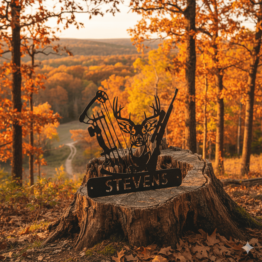 Steel Sign Personalized Deer Hunter Metal Sign – Bow & Rifle Hunting Wall Art for Cabin, Porch or Man Cave