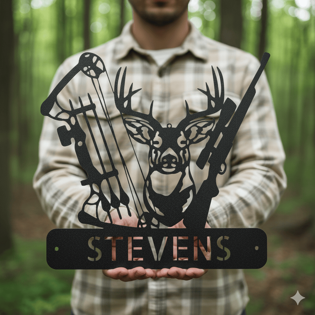 Steel Sign Personalized Deer Hunter Metal Sign – Bow & Rifle Hunting Wall Art for Cabin, Porch or Man Cave