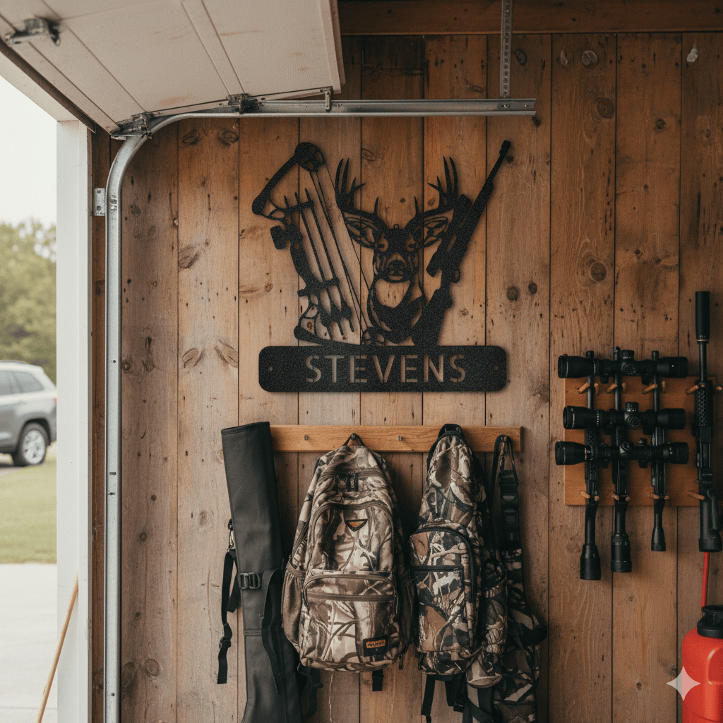 Steel Sign Personalized Deer Hunter Metal Sign – Bow & Rifle Hunting Wall Art for Cabin, Porch or Man Cave