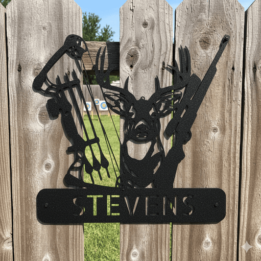 Steel Sign Personalized Deer Hunter Metal Sign – Bow & Rifle Hunting Wall Art for Cabin, Porch or Man Cave