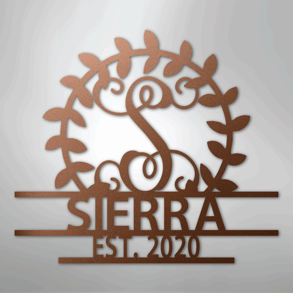 Steel Sign Copper / 12" Personalized Family Name Metal Sign – Custom Monogram Wreath Wall Art with Established Date