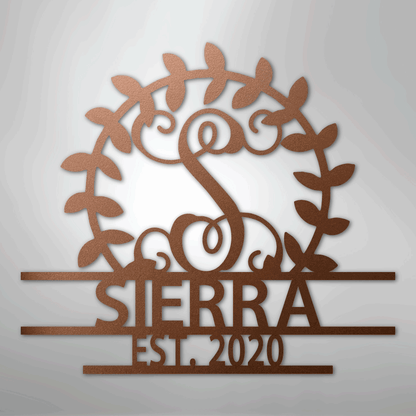 Steel Sign Copper / 12" Personalized Family Name Metal Sign – Custom Monogram Wreath Wall Art with Established Date