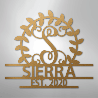 Steel Sign Gold / 12" Personalized Family Name Metal Sign – Custom Monogram Wreath Wall Art with Established Date