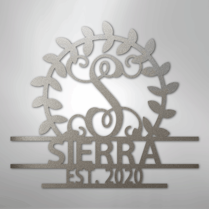 Steel Sign Silver / 12" Personalized Family Name Metal Sign – Custom Monogram Wreath Wall Art with Established Date