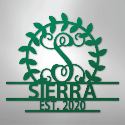 Steel Sign Green / 24" Personalized Family Name Metal Sign – Custom Monogram Wreath Wall Art with Established Date