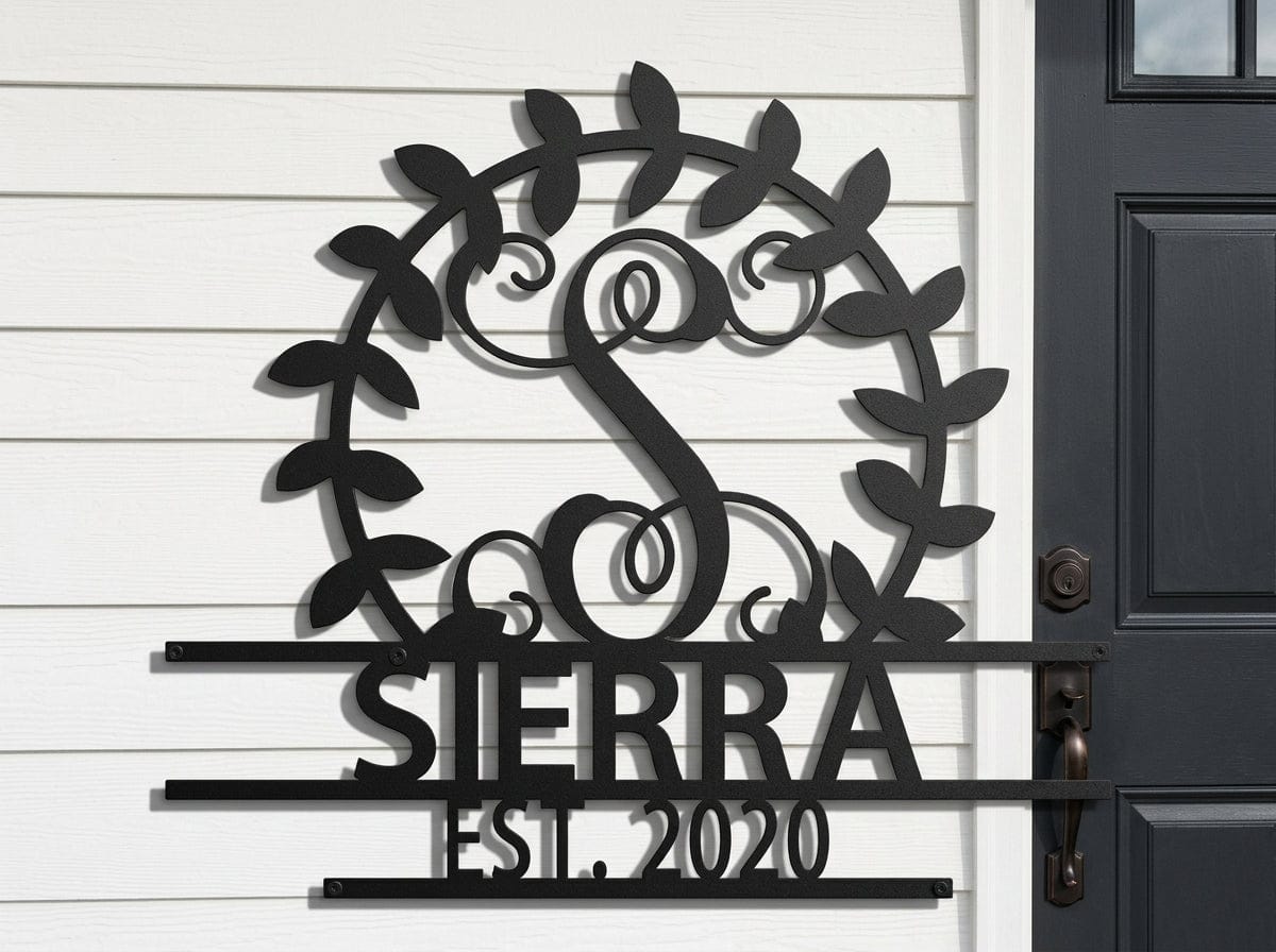 Steel Sign Personalized Family Name Metal Sign – Custom Monogram Wreath Wall Art with Established Date