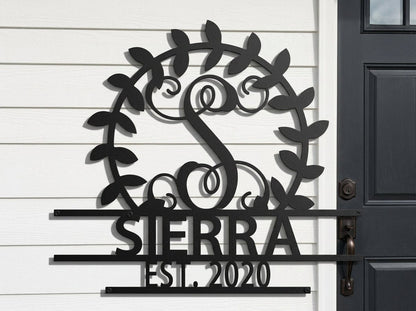 Steel Sign Personalized Family Name Metal Sign – Custom Monogram Wreath Wall Art with Established Date
