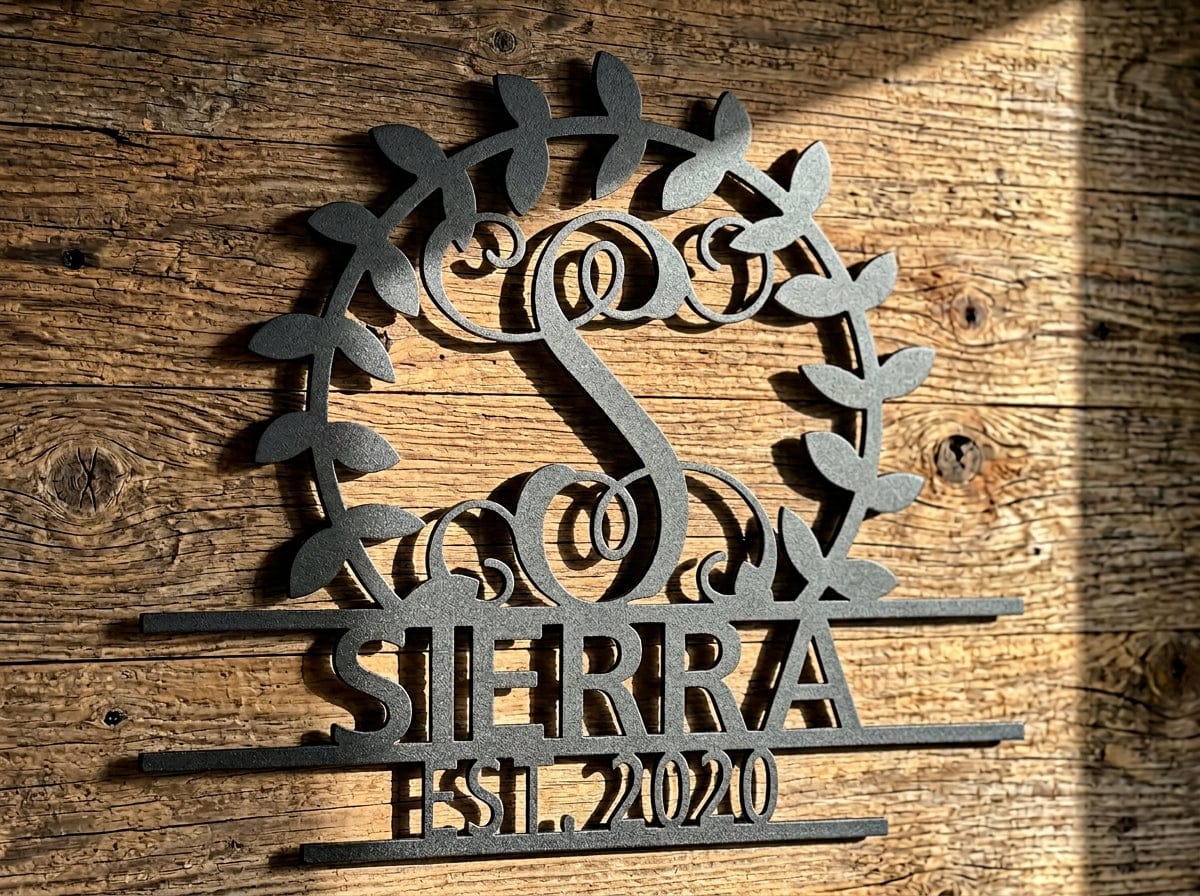 Steel Sign Personalized Family Name Metal Sign – Custom Monogram Wreath Wall Art with Established Date