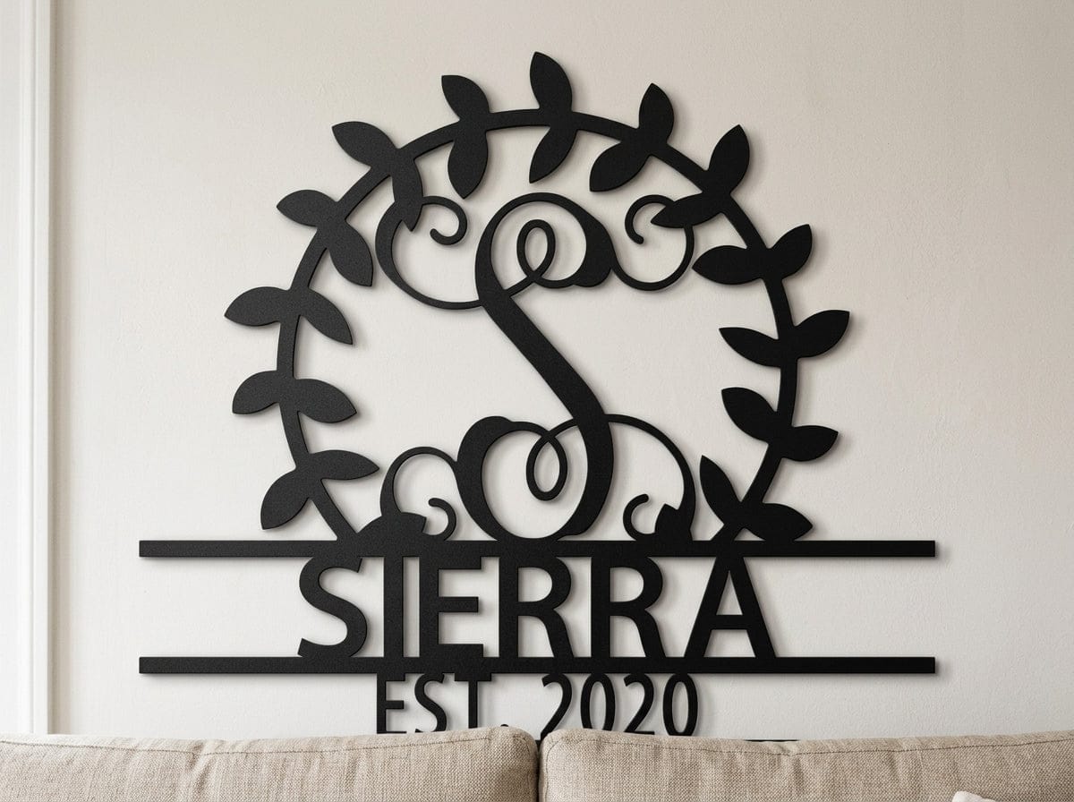 Steel Sign Personalized Family Name Metal Sign – Custom Monogram Wreath Wall Art with Established Date