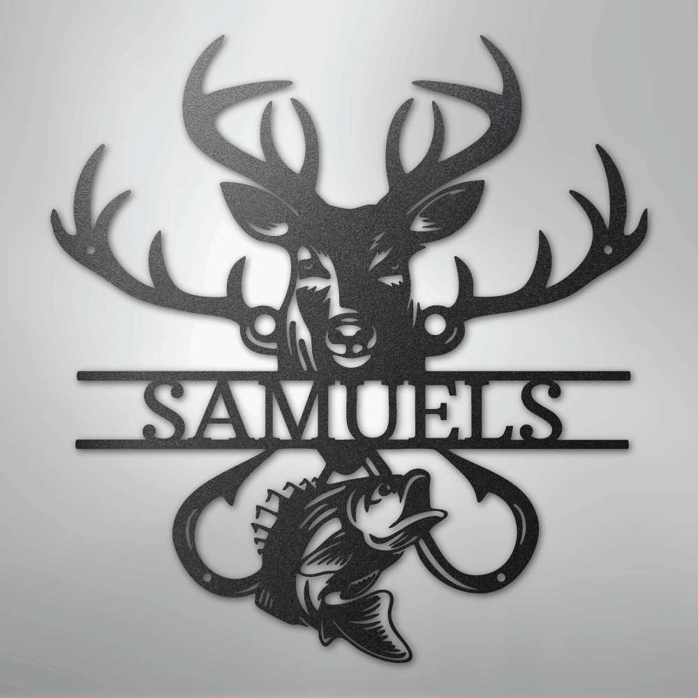Steel Sign Black / 12" Personalized Fish & Deer Metal Name Sign – Farmhouse Hunting Wall Decor