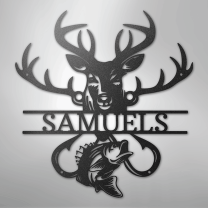 Steel Sign Black / 12" Personalized Fish & Deer Metal Name Sign – Farmhouse Hunting Wall Decor