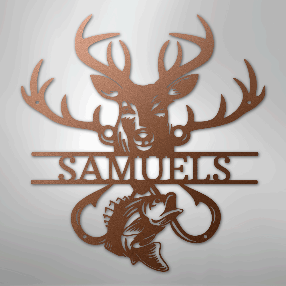 Steel Sign Copper / 12" Personalized Fish & Deer Metal Name Sign – Farmhouse Hunting Wall Decor