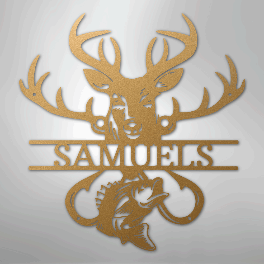 Steel Sign Gold / 12" Personalized Fish & Deer Metal Name Sign – Farmhouse Hunting Wall Decor