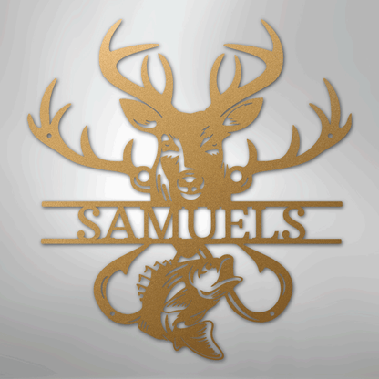 Steel Sign Gold / 12" Personalized Fish & Deer Metal Name Sign – Farmhouse Hunting Wall Decor