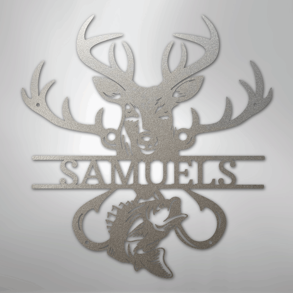 Steel Sign Silver / 12" Personalized Fish & Deer Metal Name Sign – Farmhouse Hunting Wall Decor