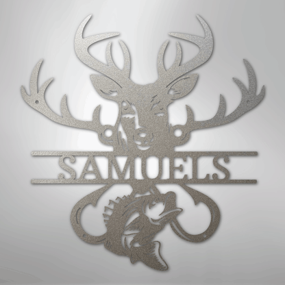 Steel Sign Silver / 12" Personalized Fish & Deer Metal Name Sign – Farmhouse Hunting Wall Decor