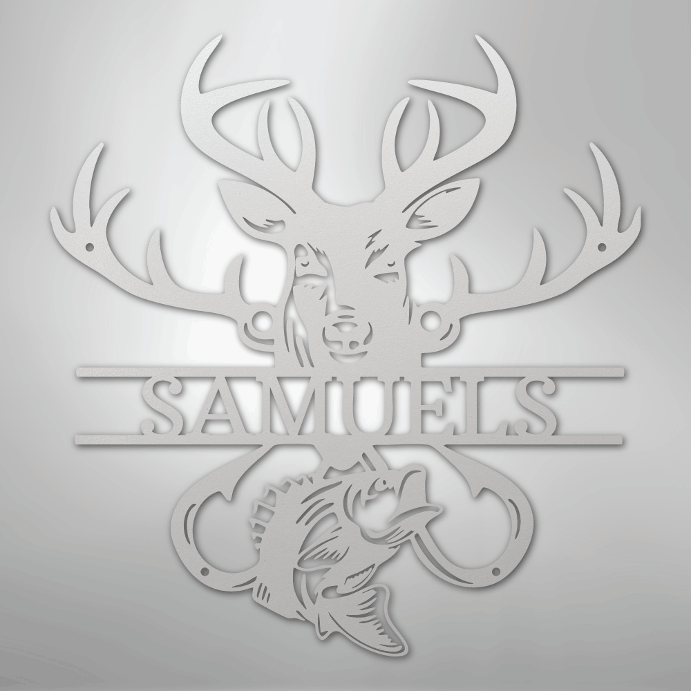 Steel Sign White / 12" Personalized Fish & Deer Metal Name Sign – Farmhouse Hunting Wall Decor