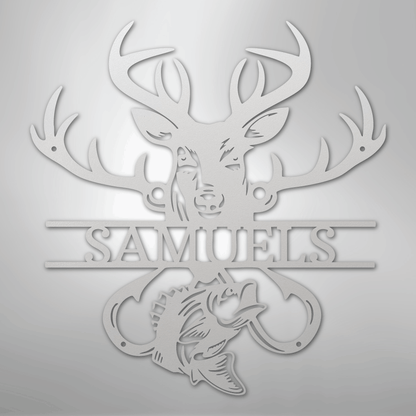 Steel Sign White / 12" Personalized Fish & Deer Metal Name Sign – Farmhouse Hunting Wall Decor