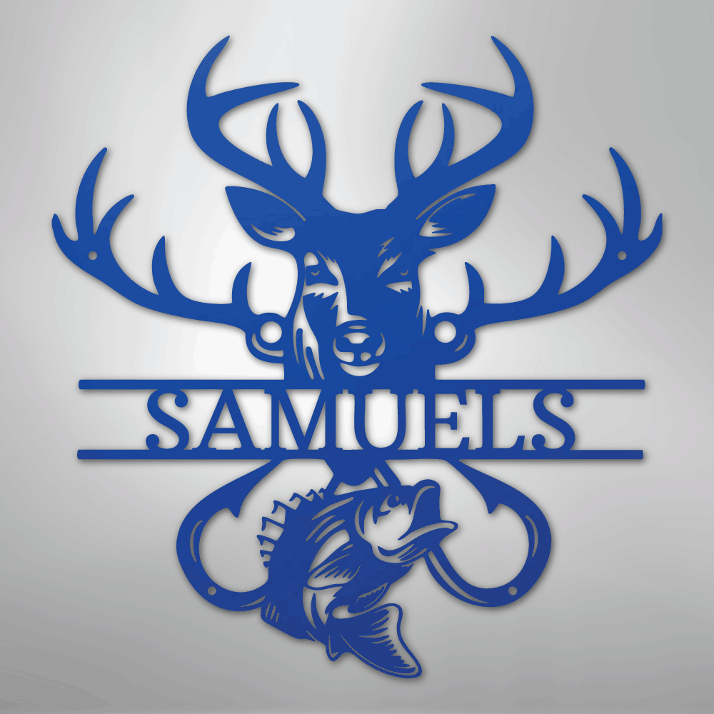 Steel Sign Blue / 24" Personalized Fish & Deer Metal Name Sign – Farmhouse Hunting Wall Decor