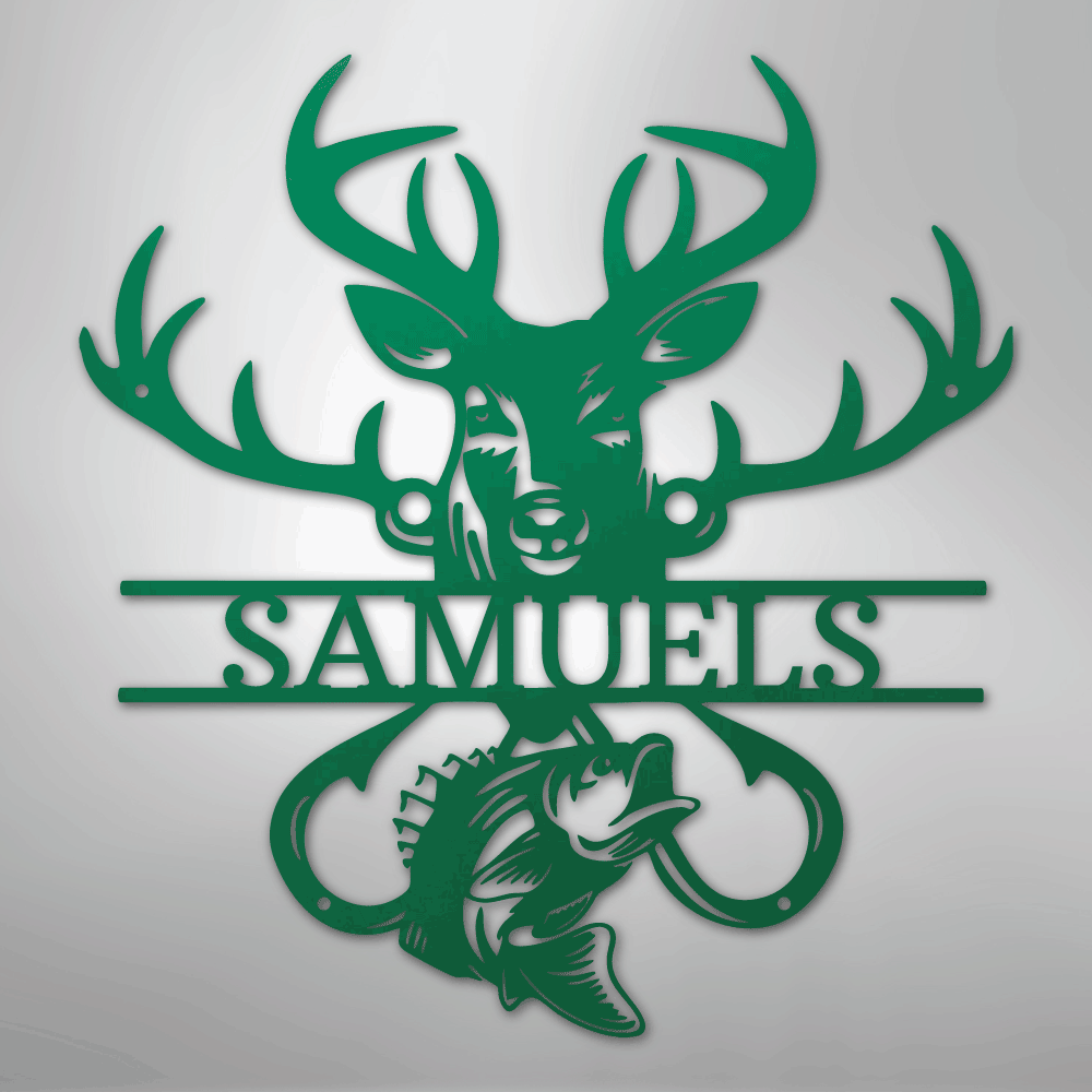 Steel Sign Green / 24" Personalized Fish & Deer Metal Name Sign – Farmhouse Hunting Wall Decor