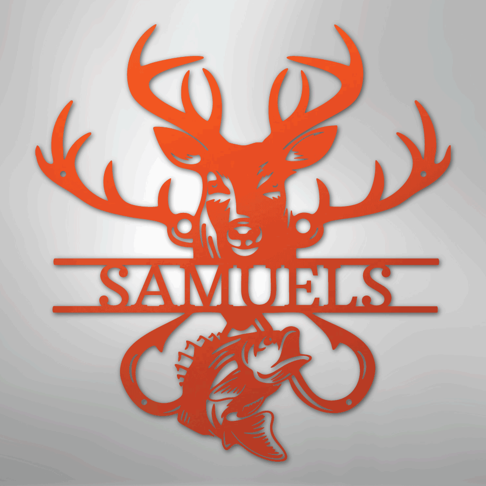 Steel Sign Orange / 24" Personalized Fish & Deer Metal Name Sign – Farmhouse Hunting Wall Decor