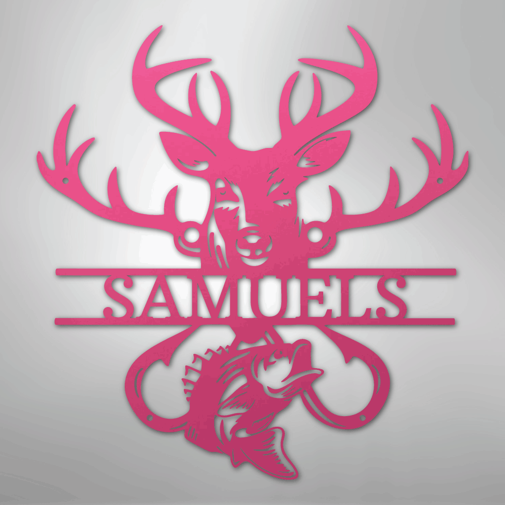 Steel Sign Pink / 24" Personalized Fish & Deer Metal Name Sign – Farmhouse Hunting Wall Decor