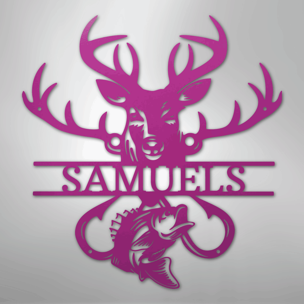 Steel Sign Purple / 24" Personalized Fish & Deer Metal Name Sign – Farmhouse Hunting Wall Decor
