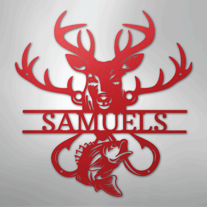Steel Sign Red / 24" Personalized Fish & Deer Metal Name Sign – Farmhouse Hunting Wall Decor