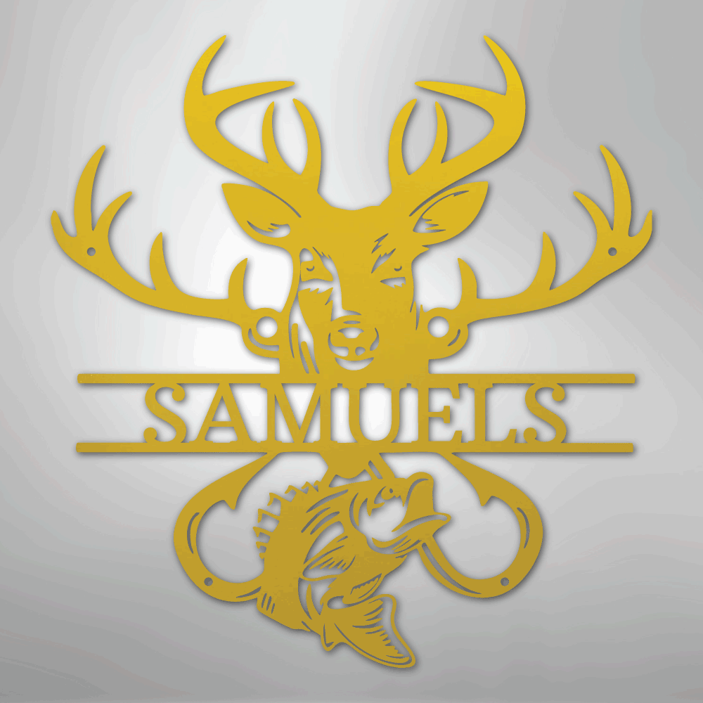 Steel Sign Yellow / 24" Personalized Fish & Deer Metal Name Sign – Farmhouse Hunting Wall Decor